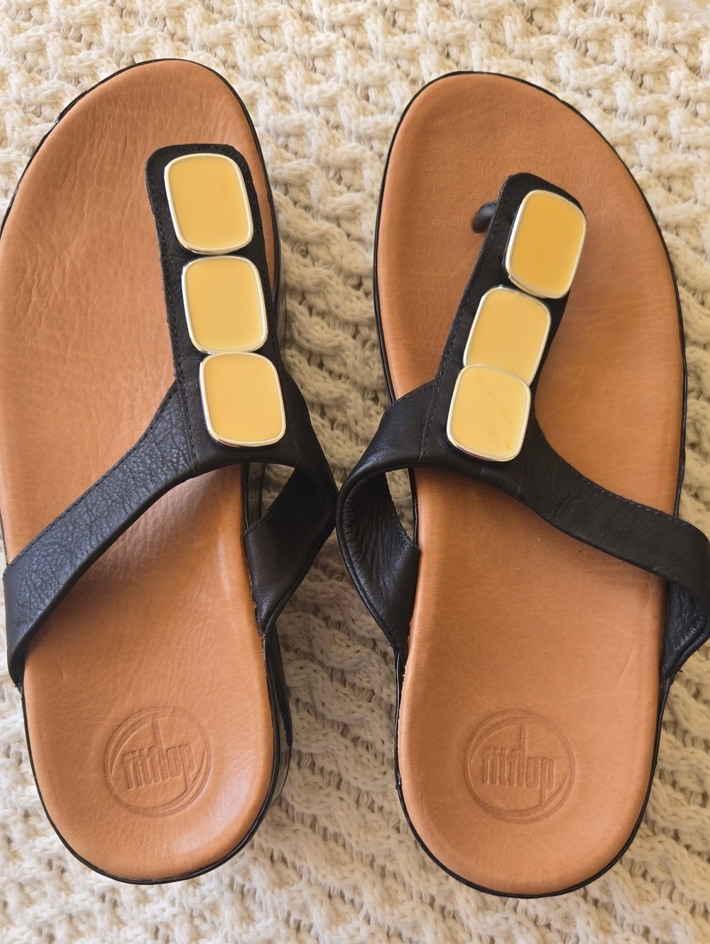 Fitflop Black and Tan Women's Thong Sandals with Yellow Accent